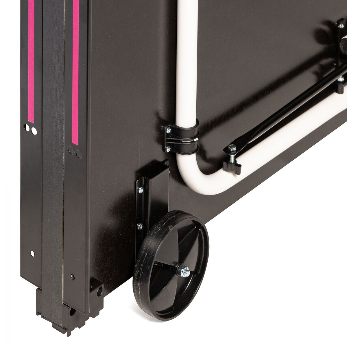 Pictured here is the detail of the hard rubber wheels installed on the Butterfly Timo Boll Joylite Indoor ping pong table.